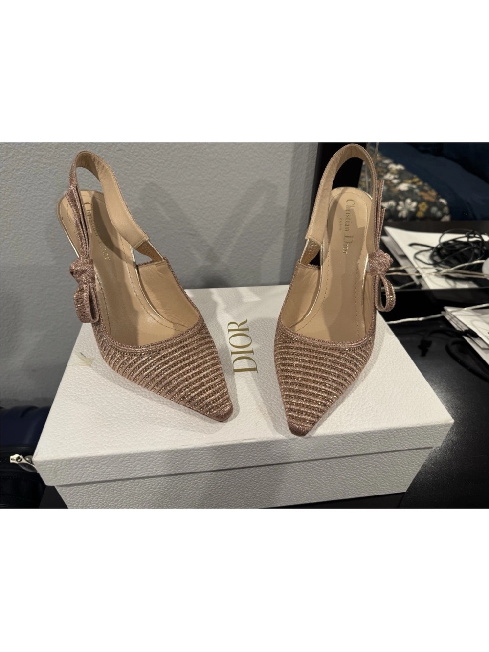 Dior Rose Gold Slingback Pointed-Toe Pumps with Bow Detail